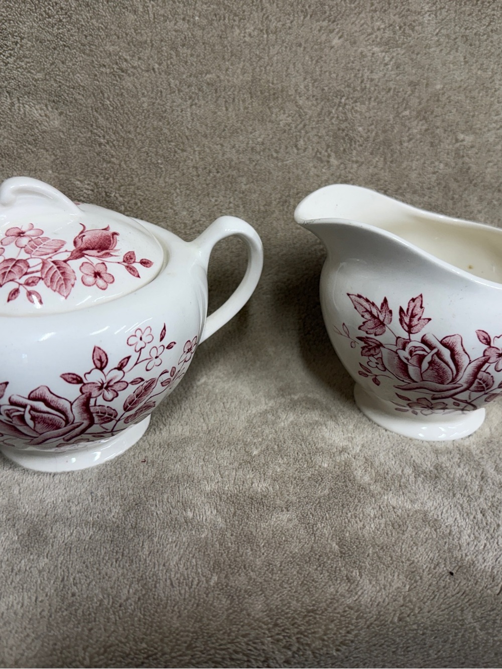 J and G Meakin England creamer and sugar bowl sets featuring a pink rose pattern